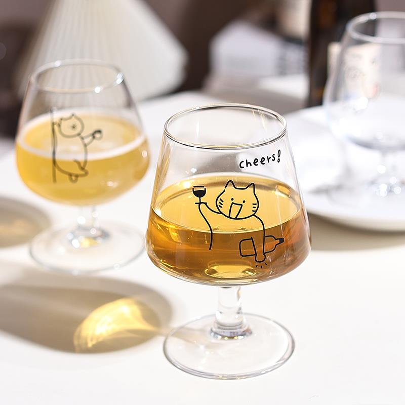 可爱社会猫简笔画 画卡通玻璃个性酒杯高脚杯香槟杯葡萄红酒杯饮