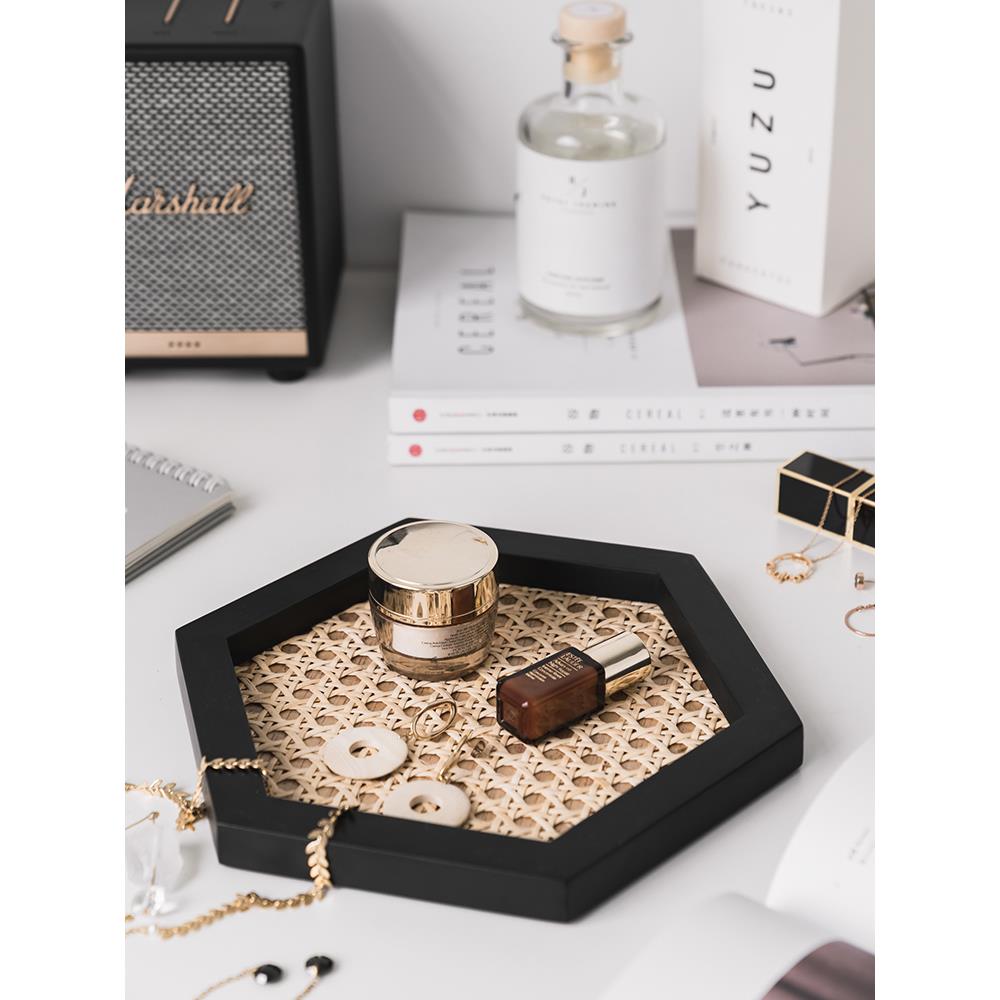 润家家居ins风圆形藤编托盘木质编织香薰蜡烛简约食物复古托盘子