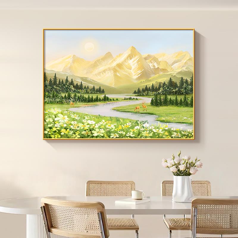 日照金山餐厅装饰画现代简约流水生财寓意好饭厅背景墙挂画晶瓷画