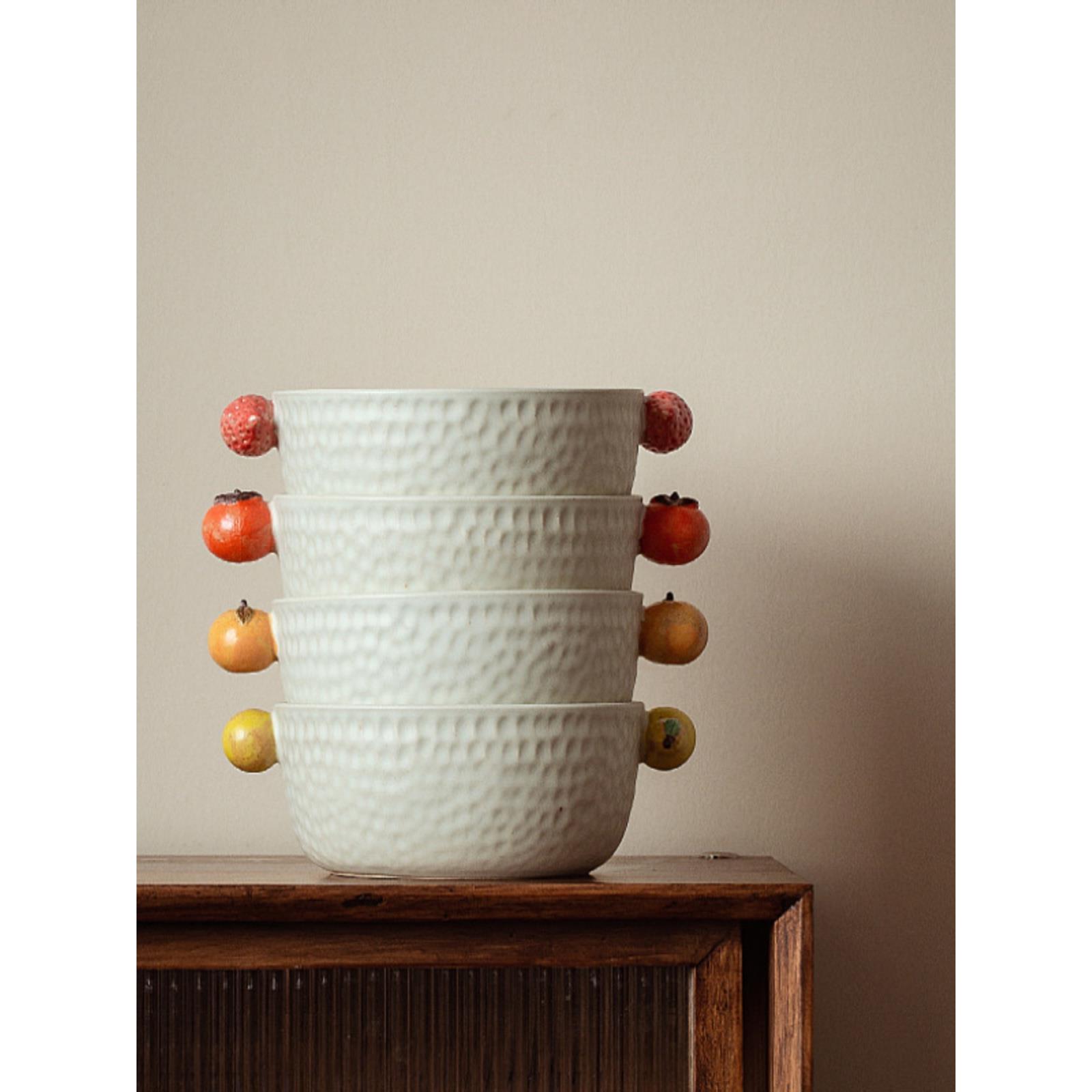 秋野家日式粗陶创意带把陶瓷汤碗小清新大号拉面碗水果沙拉碗可爱