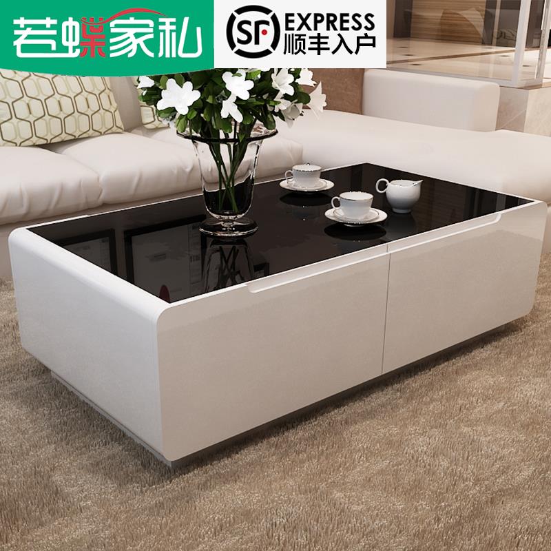 若蝶 黑白色烤漆客厅小户型茶桌 现代简约茶几钢化玻璃电视柜组合