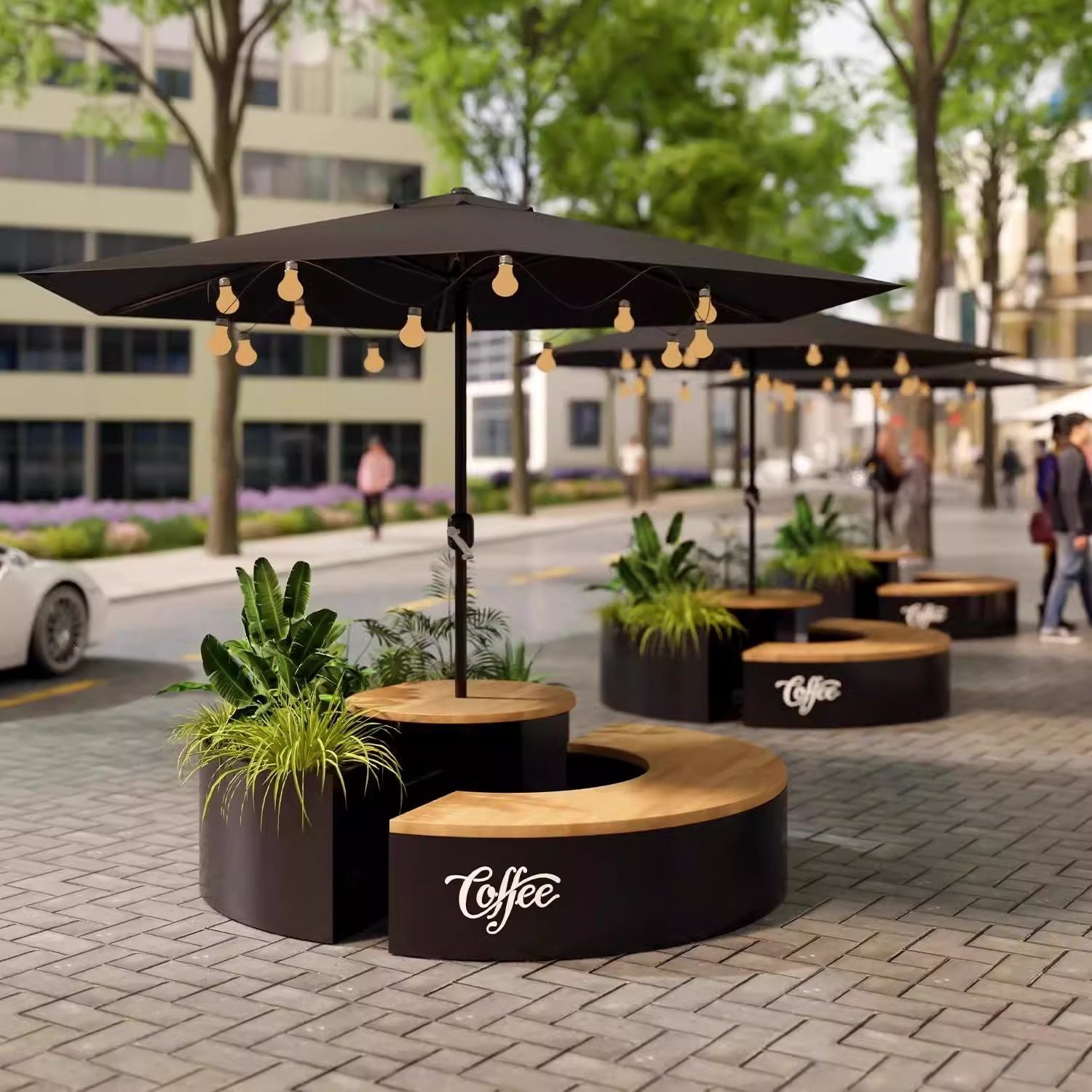 户外铁艺桌椅花箱组合奶茶咖啡厅外摆圆形卡座桌椅商业街花槽座椅