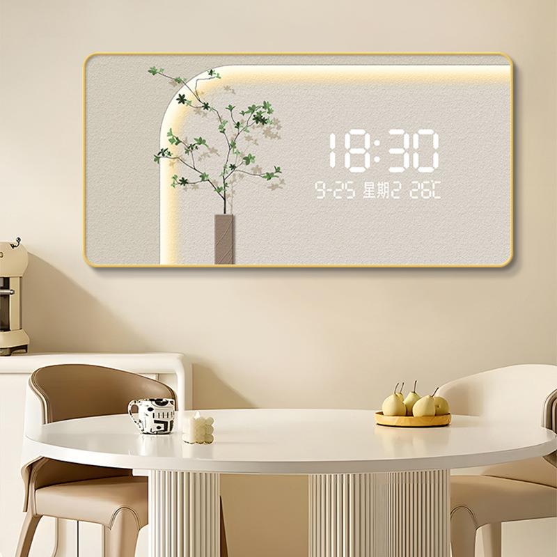 小清新简约钟表挂钟高级感LED灯电子时钟表挂墙客厅植物花卉挂画