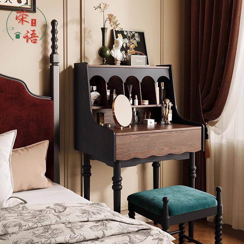 法式复古实木梳妆台卧室储物化妆桌子美式小户型床边中古风化妆台
