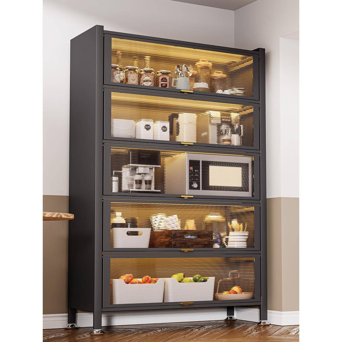 A9L厨房置物架落地多层家用收纳柜子钢制橱柜餐边柜微波炉防尘储