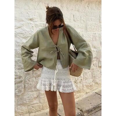 Cotton Linen Lace Up Bow Shirts Women Loose Hollow Out V Nec