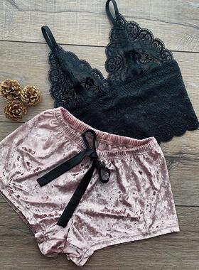 women Lace Pajama Set 外贸性感套头家居服无袖蕾丝吊带睡衣套装