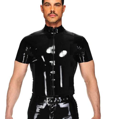 Faux Leather Skinny Short Sleeve Zip Shirt 仿皮短袖拉链衬衣