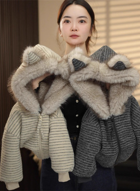 日本品质加棉加厚冬季新款条纹连帽加绒卫衣慵懒宽松 宝宝上衣男