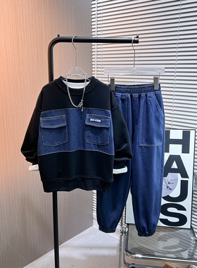 日本品质男童春季长袖套装2026新款牛仔拼接休闲衣两件套韩版中大