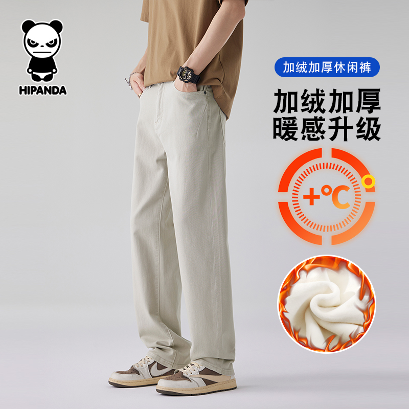 hipanda你好熊猫牛仔裤男士冬季加绒加厚保暖直筒裤潮牌新款长裤