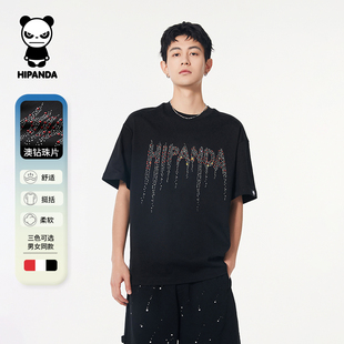 HiPanda情侣短袖纯棉T恤熊猫国潮夏季潮流卡通高级感运动烫钻宽松