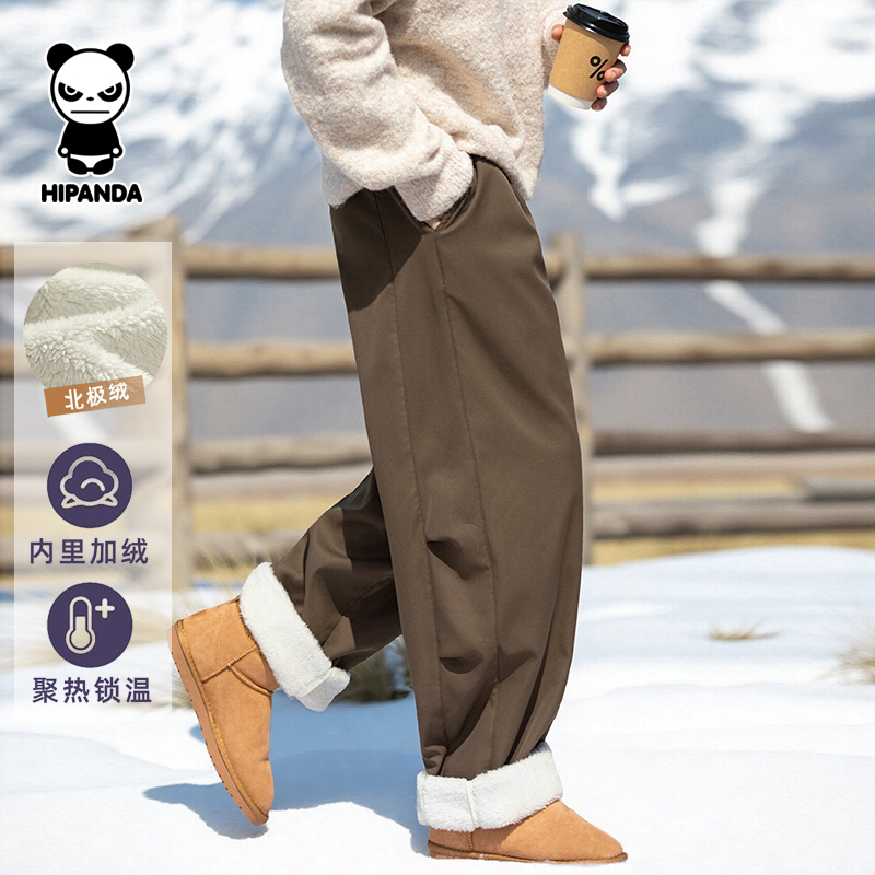 Hipanda你好熊猫内里加绒棉裤男秋冬款宽松弯刀休闲保暖长裤潮牌