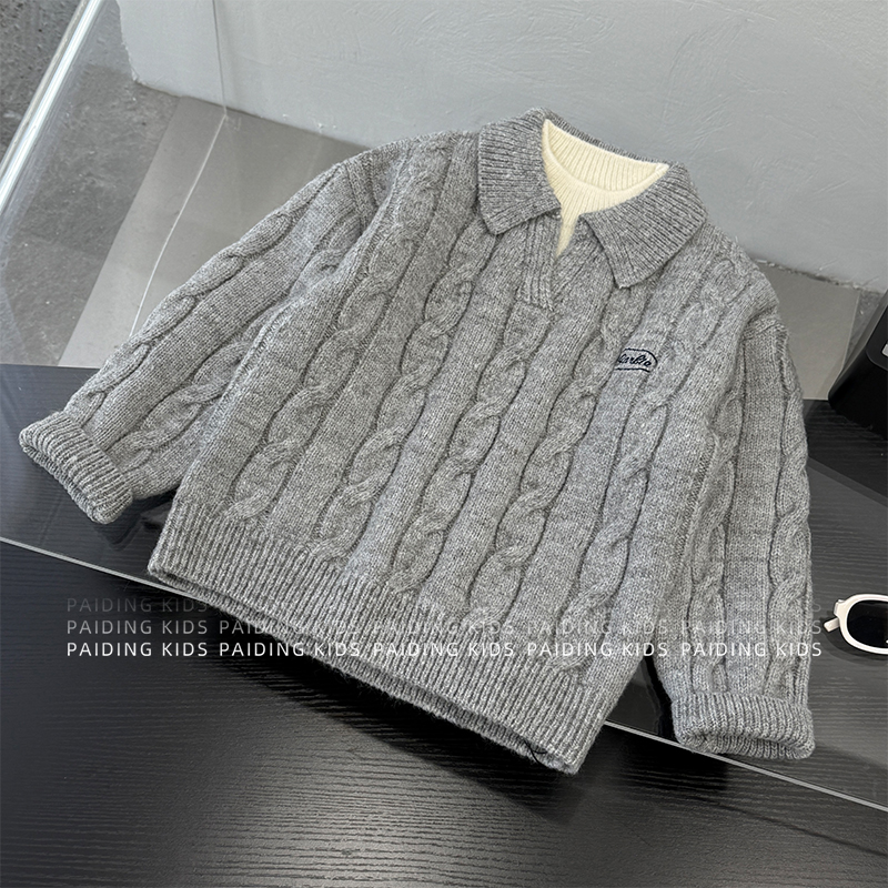 冬装儿童韩版时尚假两件设计翻领套头字母刺绣针织毛衣SJ6908