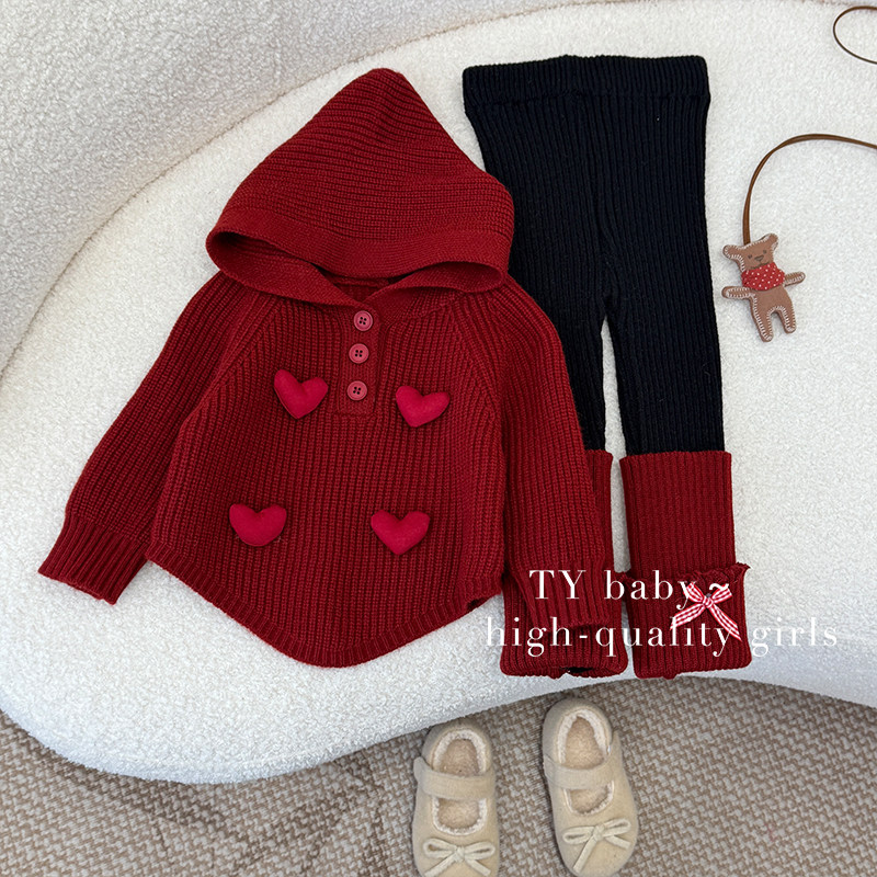【心想事成】甜柚冬女小童韩版丝绒爱心保暖针织毛衣打底裤套装,童装/婴儿装/亲子装,套装,淘宝优惠券,粉丝福利购,淘宝优惠卷