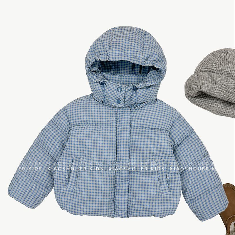 【泰酷】男女童冬季韩蓝格纹双倍加厚保暖连帽棉服MPG5463