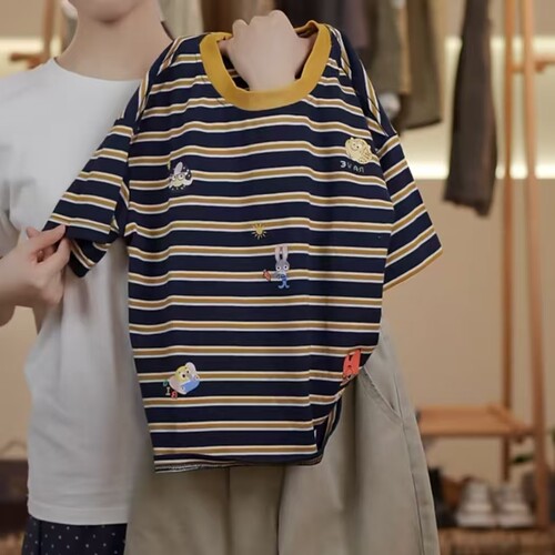 夏装儿童撞色条纹设计款卡通百搭短袖T恤SJ5762