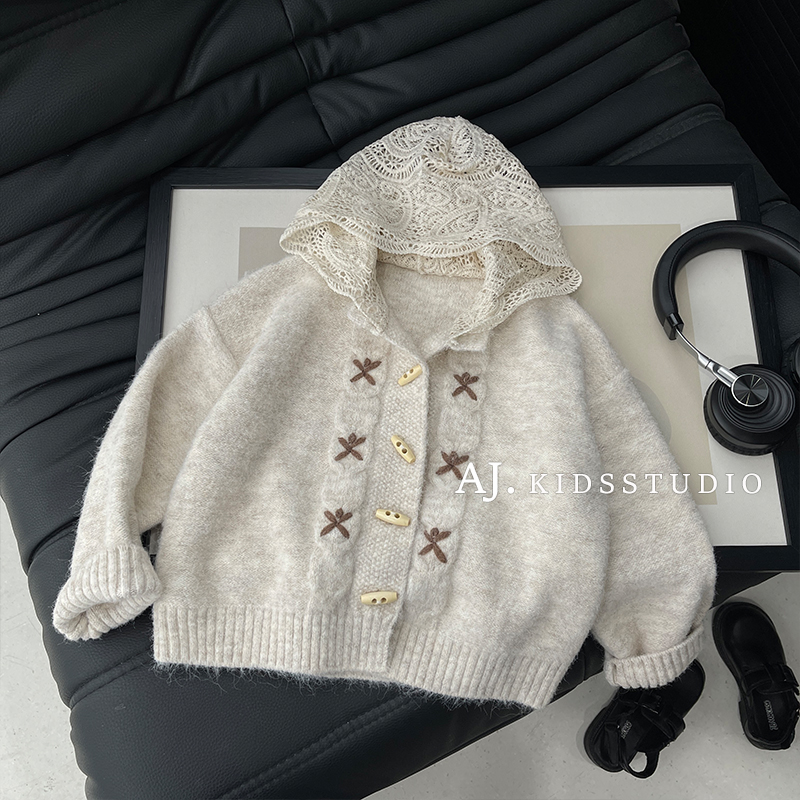 现货【燕麦甜茶】秋冬装女童森系撞色刺绣毛衣开衫外套MPG7088