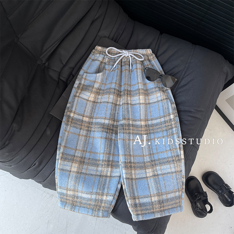 现【泰酷】冬装韩版儿童复古格纹毛呢加绒加厚宽松休闲裤MPG5445