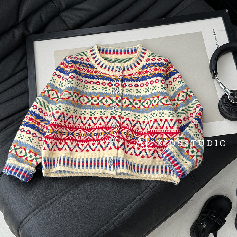 【泰酷】秋冬装女童韩版潮流民族风撞色花纹针织毛衣开衫MPG7158