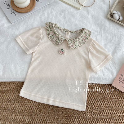 甜柚夏装女小童韩版时尚樱桃绣花碎花娃娃领短袖T恤NNT0584