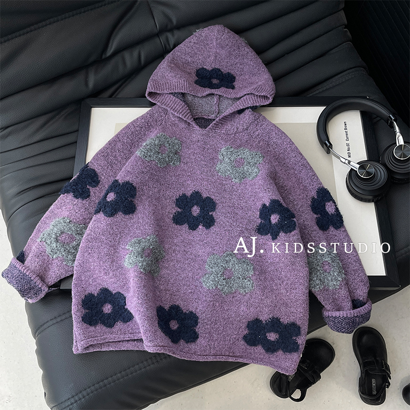 【泰酷】秋冬款儿童韩版时尚复古系花花休闲保暖套头毛衣MPG7495