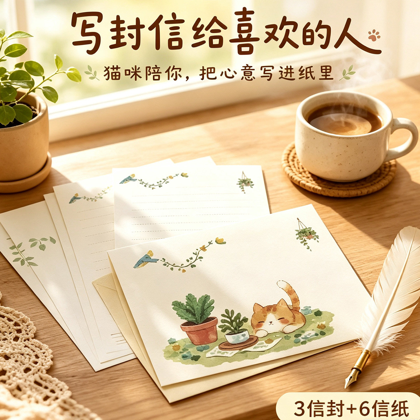 可爱猫咪信封信纸套装学生文具写信纸信封创意卡通情书贺卡祝福优选治愈系小清新贺信高颜值礼物文艺简约设计