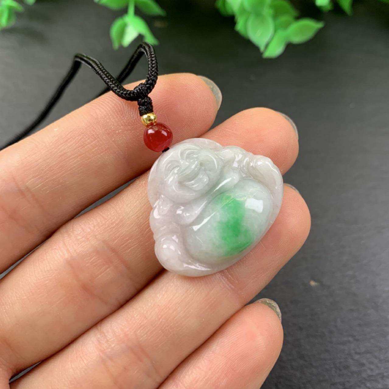 天然缅甸翡翠A货佛公白底青种飘绿大肚佛配绳挂件玉坠笑佛