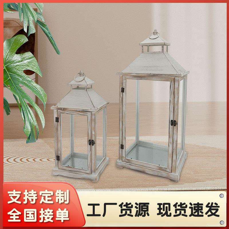 复古款木质烛台铁艺风灯摆件蜡烛台装饰家居花房手提工艺品