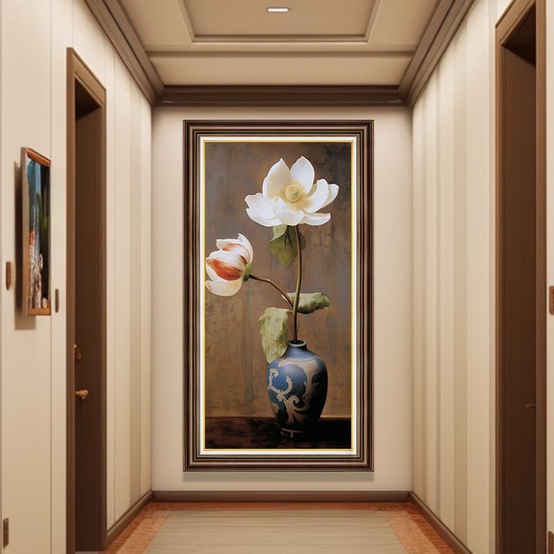 美式入户玄关装饰画荷花新中式墙画竖版壁画手绘油画过道走廊挂画