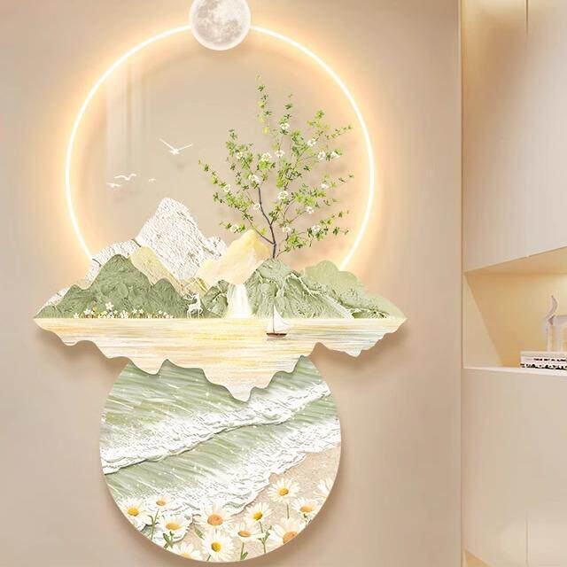 奶油风玄关装饰画中式山水挂画轻奢高级感灯画入户门走廊过道壁画