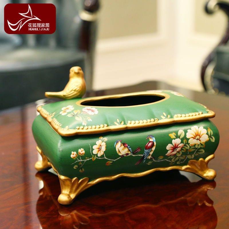 美式复古陶瓷纸巾盒家用茶几抽纸盒创意彩绘欧式装饰品工艺摆件