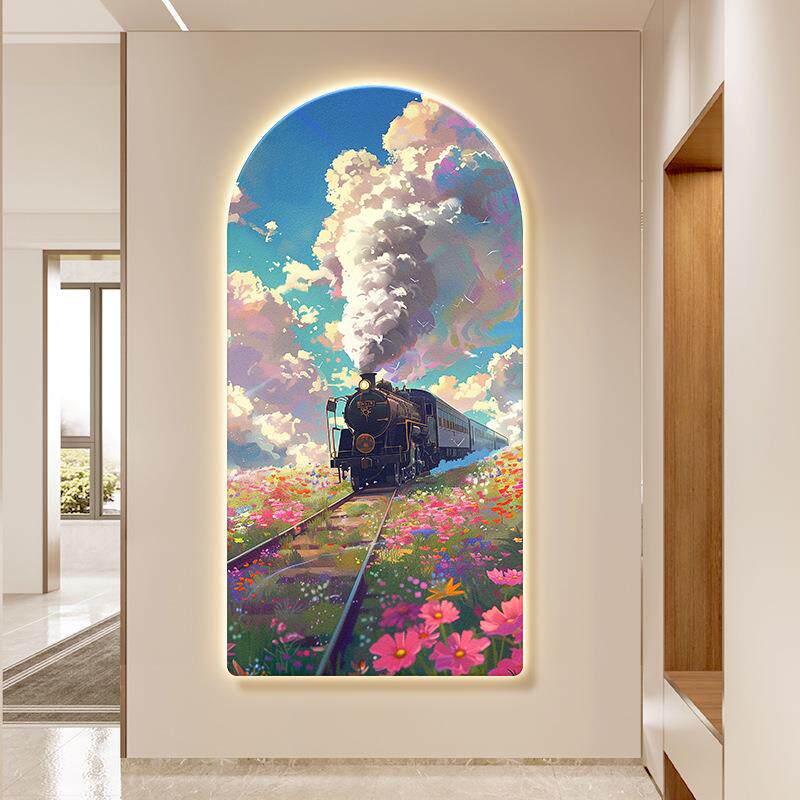 开往春天的火车玄关装饰画北欧风景走廊过道挂画拱形入户带灯壁画