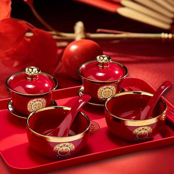 结婚敬茶杯喜碗套装红色喜庆改口敬酒杯一对婚庆用品送礼碗筷陪嫁