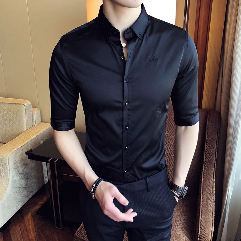2024熟英伦男刺绣男士春装  休闲衬衣自制修身中袖七分袖衬衫免烫