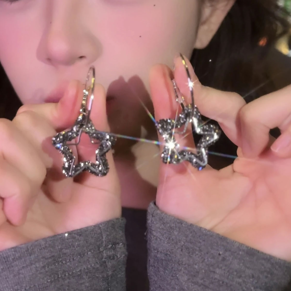 网红闪锆双五角星耳扣耳环女新款潮可拆卸时尚甜美百搭设计感耳饰
