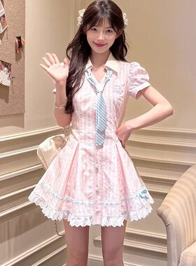 桔梗house 桃气少女 甜美学院风粉蓝撞色收腰连衣裙蓬蓬裙