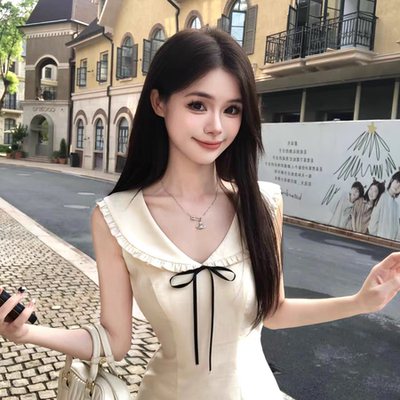 画解WAHJU 梦核日记 千金风娃娃领蝴蝶结设计修身显瘦连衣裙女夏