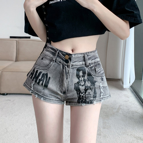 实拍~韩系美式复古辣妹低腰牛仔短裤女夏装直筒修身印花热裤子