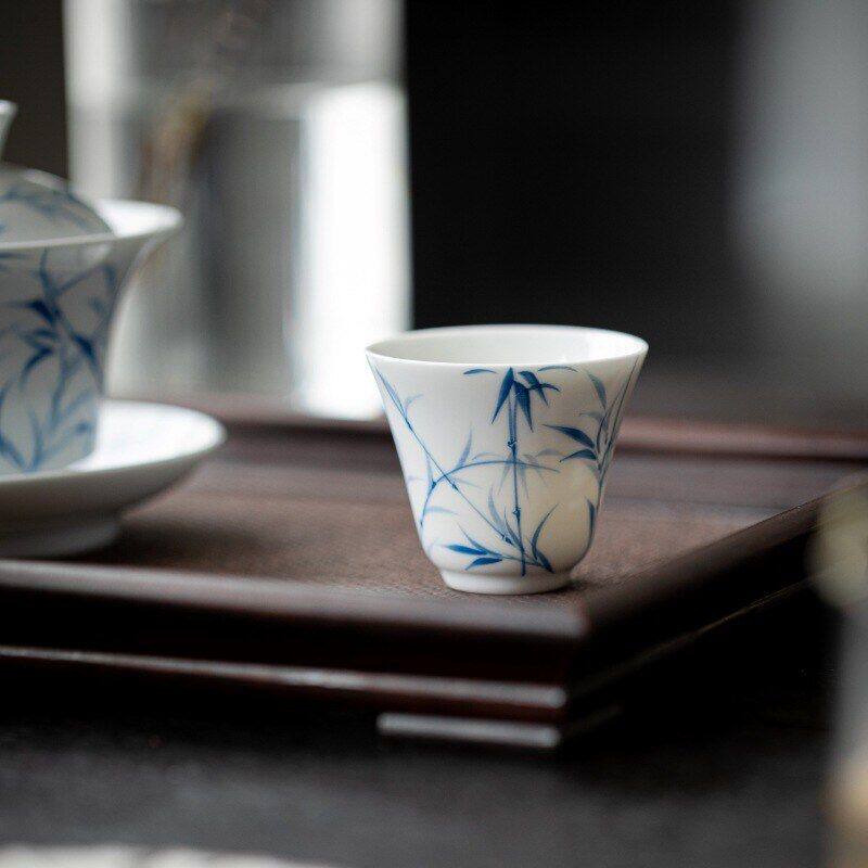 青花竹子手绘品茗杯单杯陶瓷主人杯中式茶杯家用釉下彩功夫茶盏