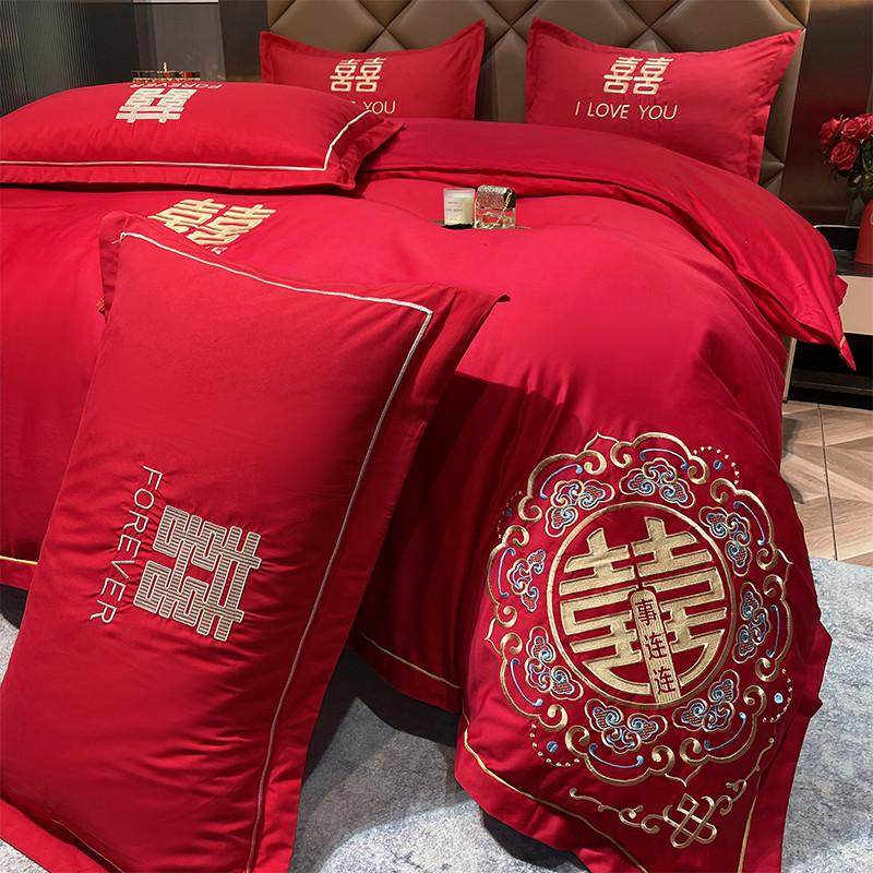 简约婚庆四件套大红色红花喜被罩床单笠新结婚房嫁礼床上用品中式