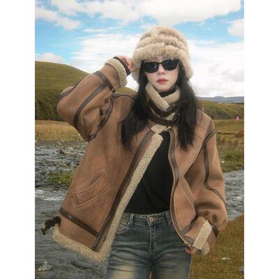 皮毛一体麂皮绒外套女小个子2025新款冬季厚机车服羊羔毛棉服夹克