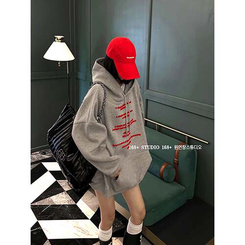 连帽卫衣女大码欧货大版中长款遮屁股撞色字母3D立体刺绣大帽衫