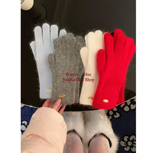 2024冬季新款新年红兔毛手套加厚
