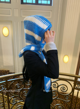 露思同款 时髦复古条纹帽子围巾一体秋冬保暖百搭巴拉克拉法帽女