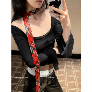 C位搭配~复古红格纹领带女个性时髦多功能腰带y2k辣妹窄长条丝巾