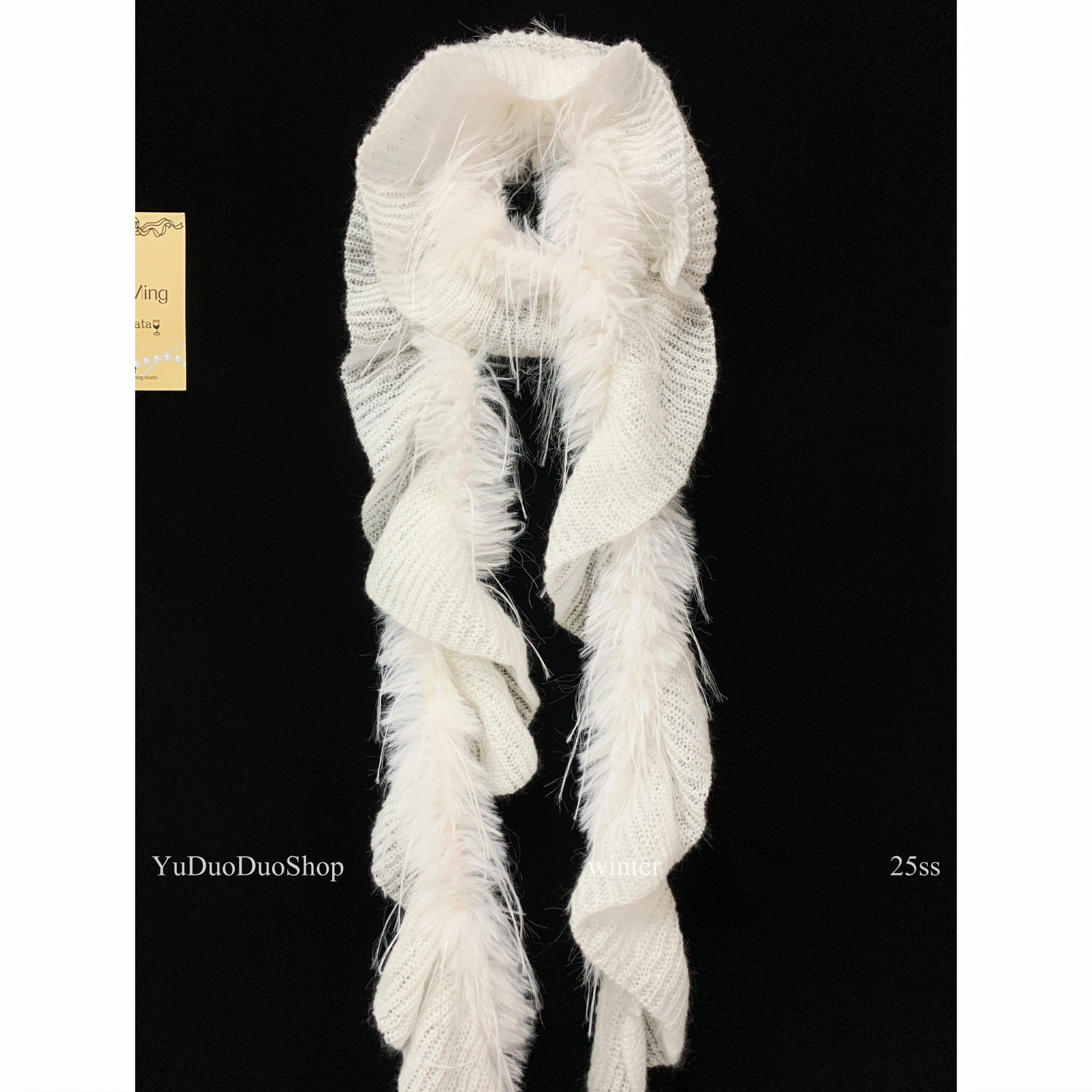 原创时髦复古针织荷叶边拼接毛毛围巾女秋冬y2k辣妹长条螺旋围脖