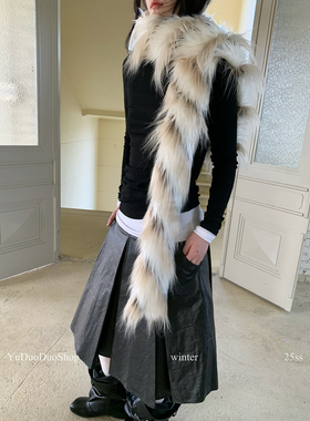 时髦渐变仿皮草长款细围巾冬季y2k千禧辣妹搭配复古窄版毛毛围脖