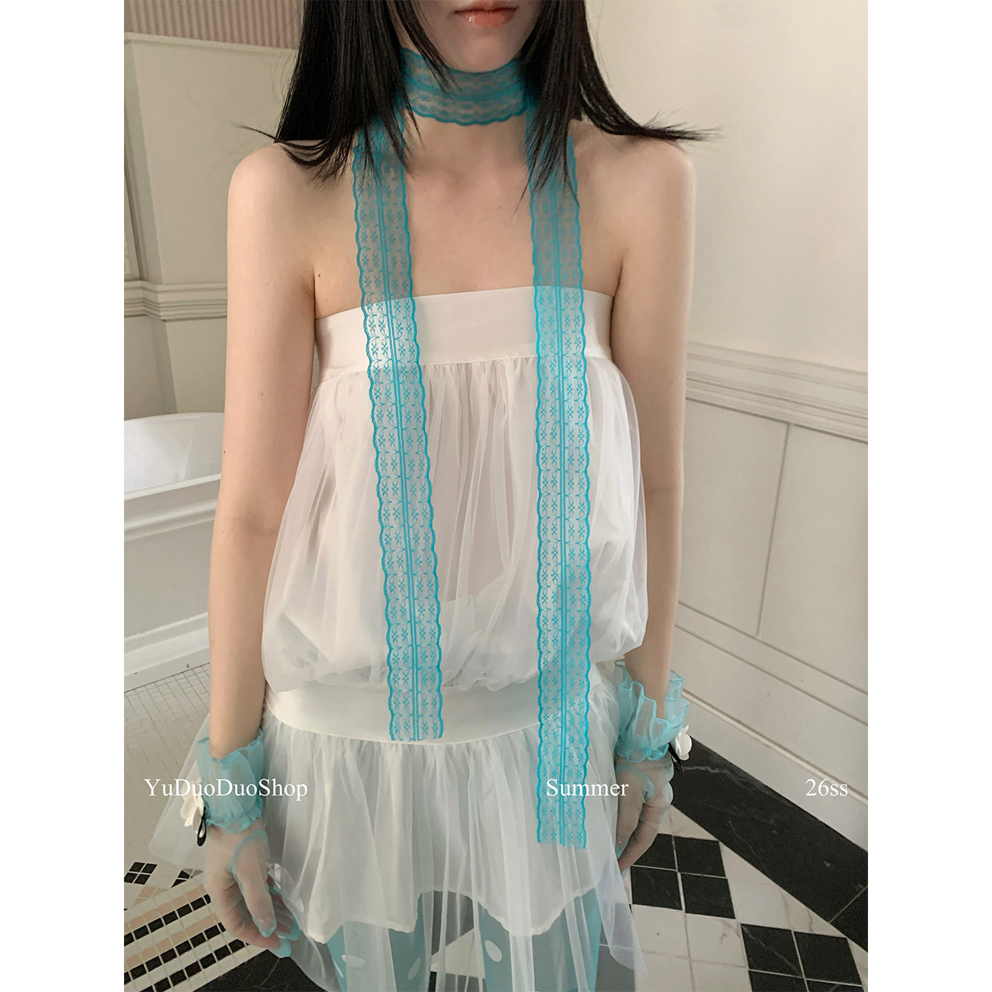 复古纯欲湖水蓝蕾丝细长条丝巾女百搭装饰飘带辣妹春夏叠戴choker