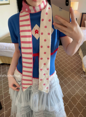 可爱古早波点条纹双面设计感长条围巾女秋冬复古撞色细窄小围脖韩